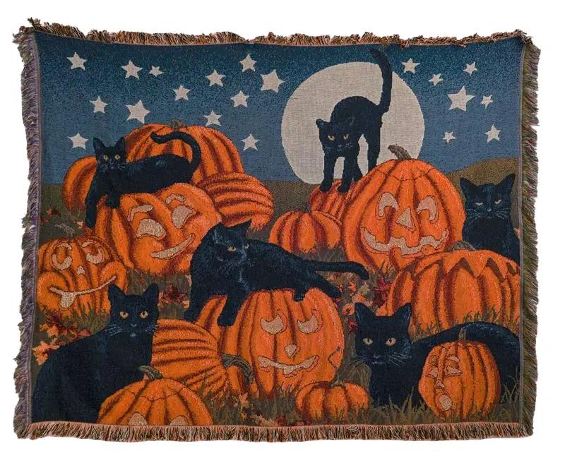 Pumpkin Black Cat Plush Throw Blanket