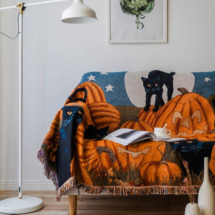 Pumpkin Black Cat Plush Throw Blanket
