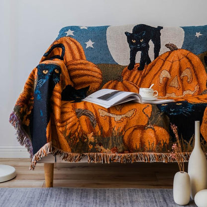 Pumpkin Black Cat Plush Throw Blanket