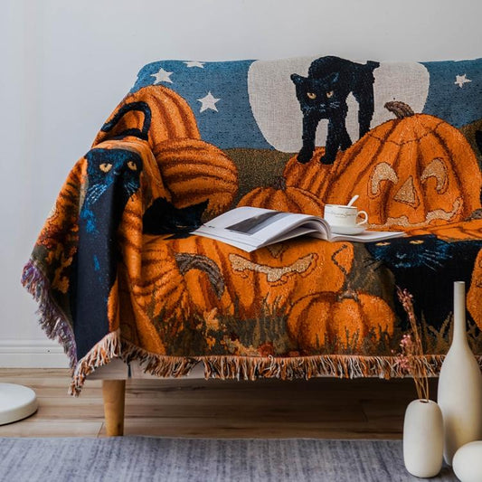 Pumpkin Black Cat Plush Throw Blanket