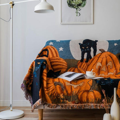 Pumpkin Black Cat Plush Throw Blanket